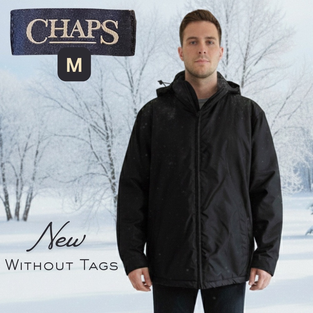 CHAPS NWOT Men's Black Quilted Fleece Lined All-Weather Hooded Winter Coat M